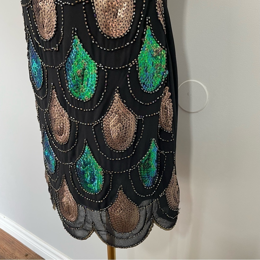 Papillon Sequin Cocktail Dress Sz S Black Green Peacock LBD Party Event Sexy GUC - Picture 5 of 12